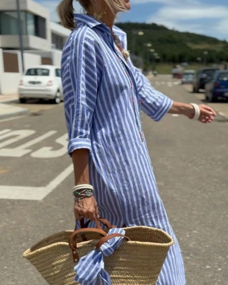 Classic Striped Lace-up Shirt Dress