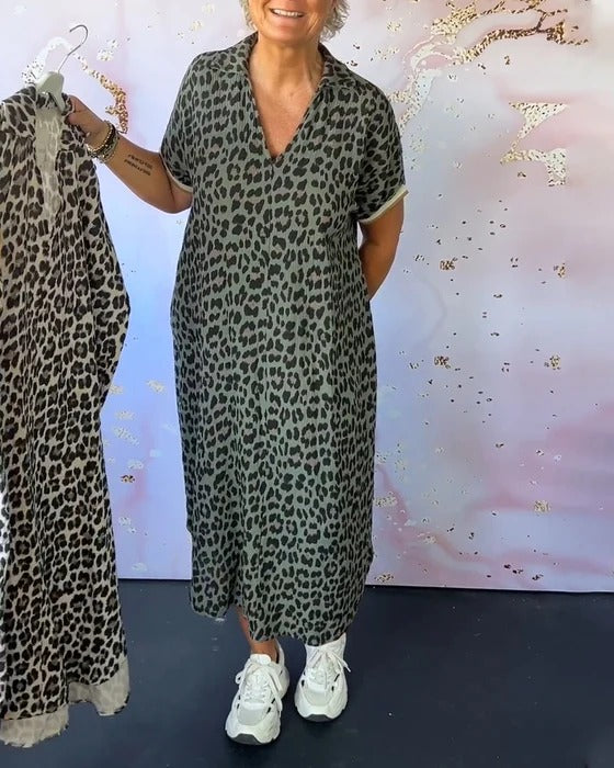 Leopard Print V-Neck Short Sleeve Dress