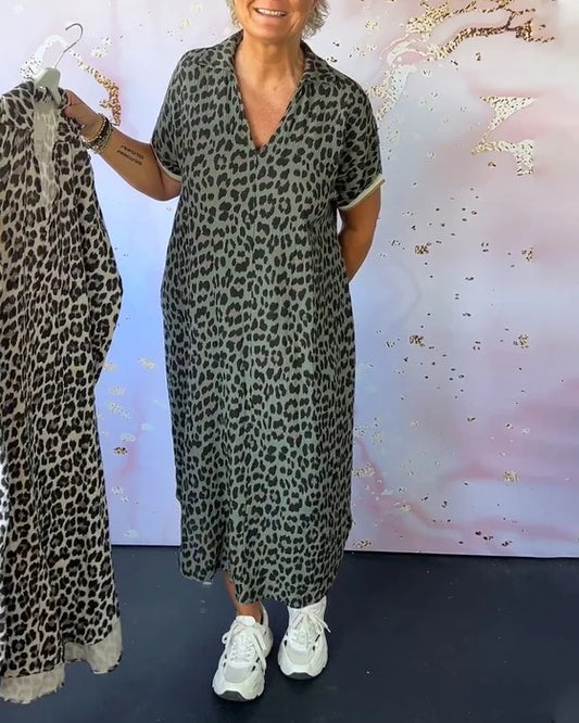 Leopard Print V-Neck Short Sleeve Dress