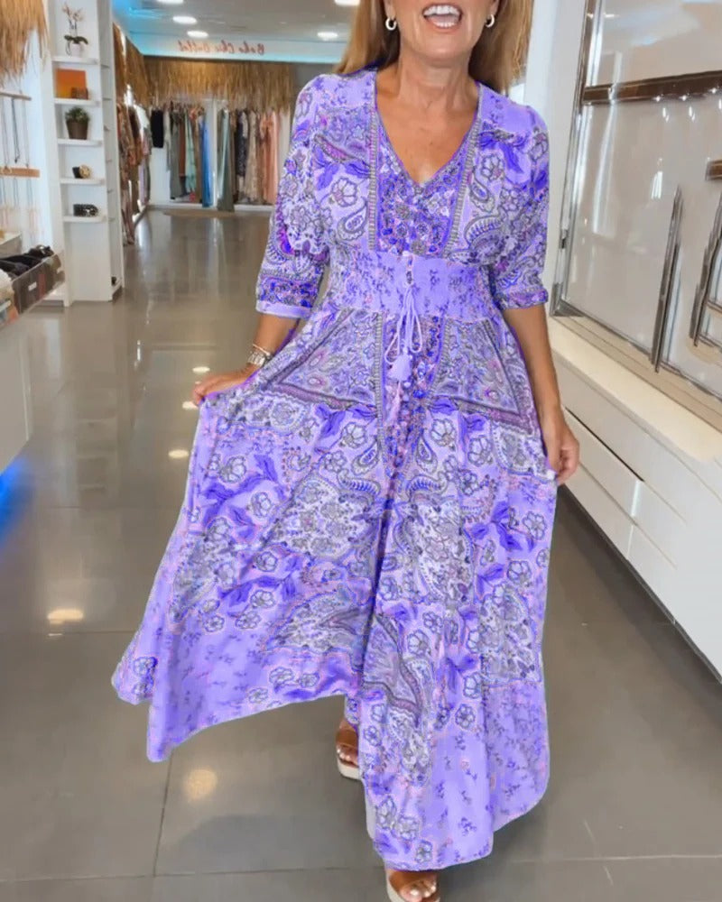 3/4-Sleeve Summer Dress with V-neck