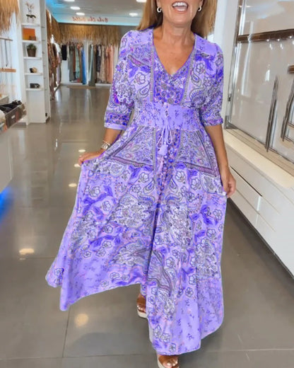 3/4-Sleeve Summer Dress with V-neck