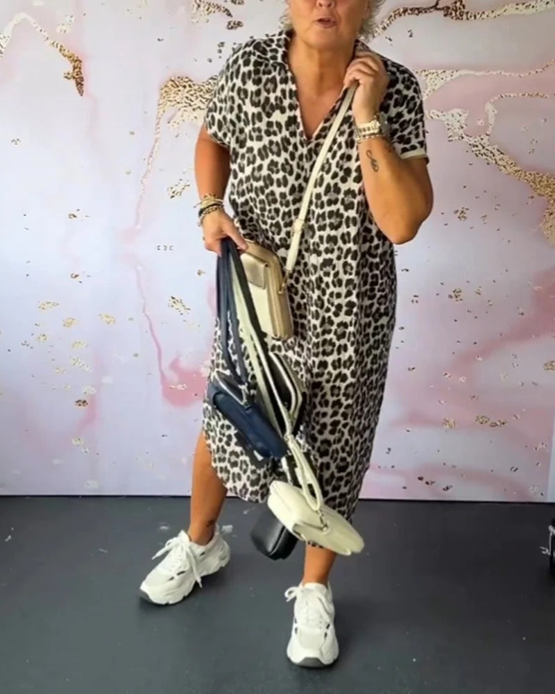 Leopard Print V-Neck Short Sleeve Dress