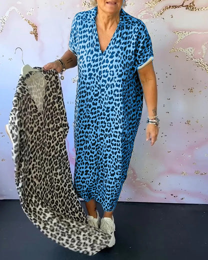 Leopard Print V-Neck Short Sleeve Dress