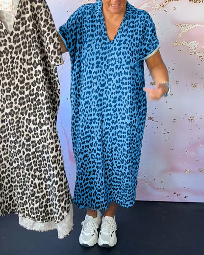 Leopard Print V-Neck Short Sleeve Dress