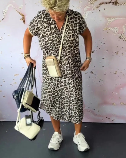 Leopard Print V-Neck Short Sleeve Dress