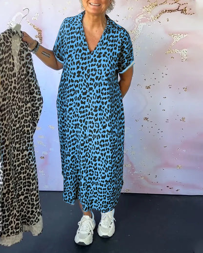 Leopard Print V-Neck Short Sleeve Dress