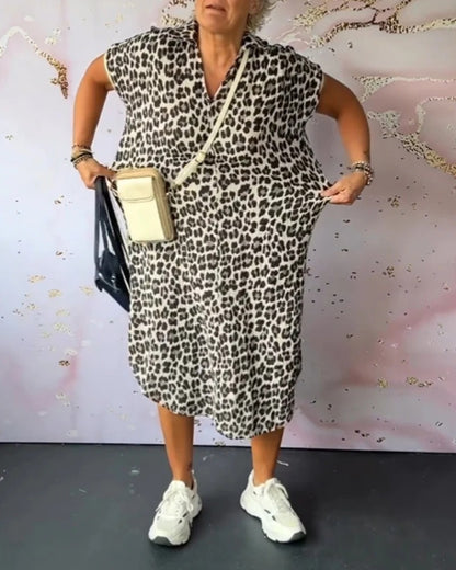 Leopard Print V-Neck Short Sleeve Dress