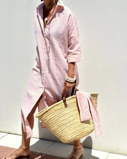 Classic Striped Lace-up Shirt Dress