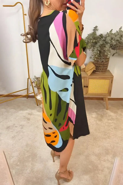 Casual Dress with Colorful Leaf Print