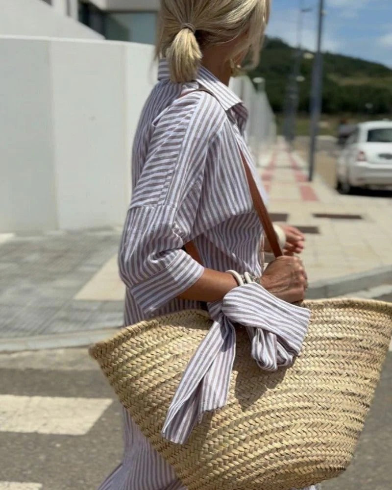 Classic Striped Lace-up Shirt Dress