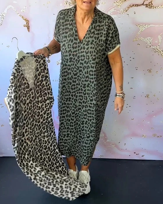 Leopard Print V-Neck Short Sleeve Dress