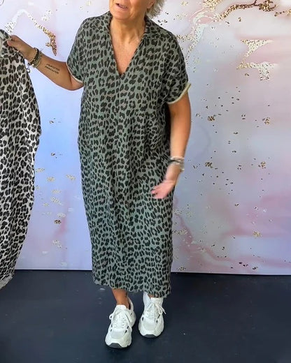 Leopard Print V-Neck Short Sleeve Dress
